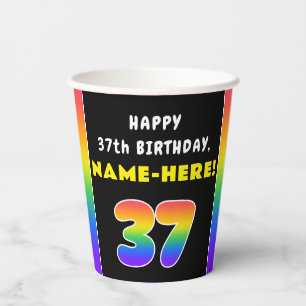 37th Birthday: Colourful Rainbow # 37, Custom Name Paper Cups