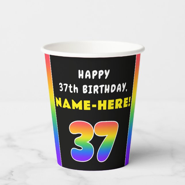 37th Birthday: Colourful Rainbow # 37, Custom Name Paper Cups (Back)