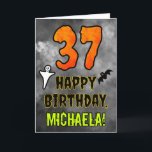 37th Birthday: Eerie Halloween Theme   Custom Name Card<br><div class="desc">The front of this scary and spooky Hallowe’en themed birthday greeting card design features a large number “37” and the message “HAPPY BIRTHDAY, ”, plus a customisable name. There are also depictions of a bat and a ghost on the front. The inside features a custom birthday greeting message, or could...</div>