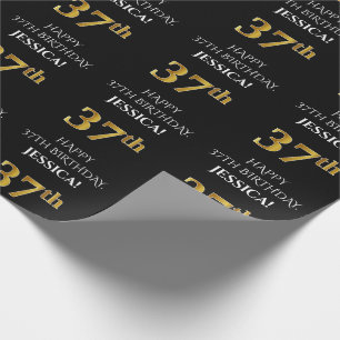 37th Birthday: Elegant, Black, Faux Gold Look Wrapping Paper