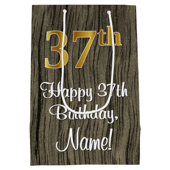 37th Birthday: Elegant Faux Gold Look #, Faux Wood Medium Gift Bag (Back)