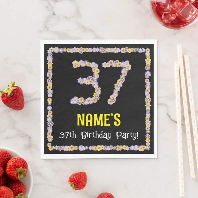 37th Birthday: Floral Flowers Number, Custom Name Napkin (Insitu)