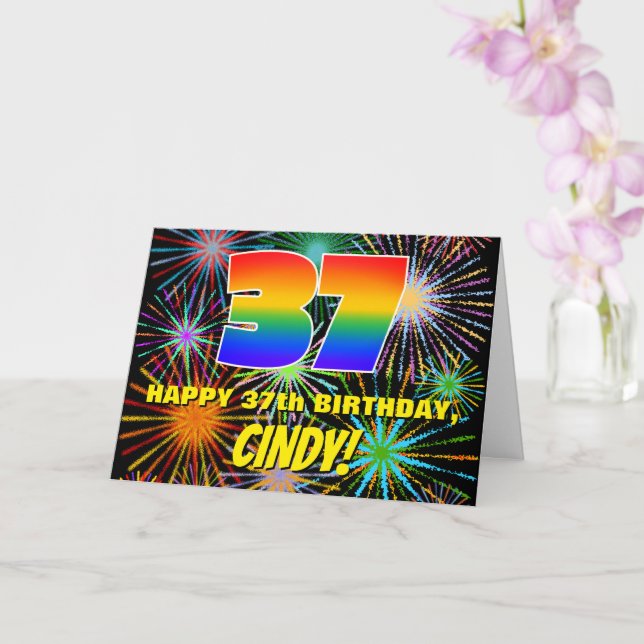 37th Birthday: Fun, Colourful Celebratory Firework Card (Orchid)