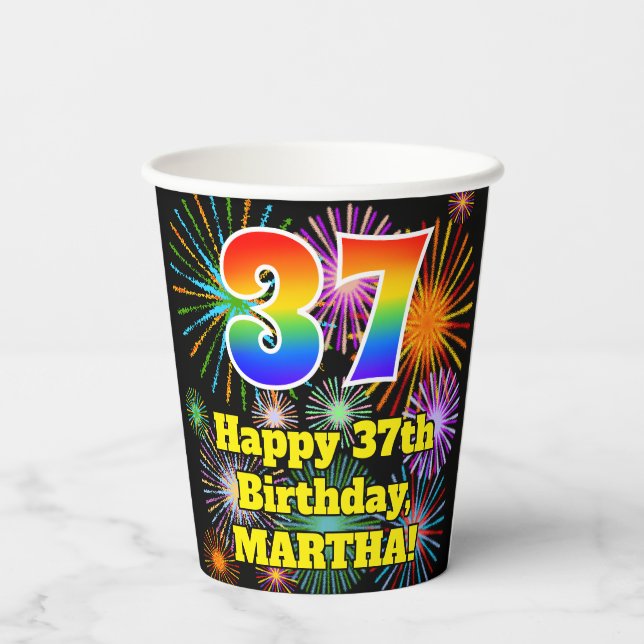 37th Birthday: Fun Fireworks Pattern + Rainbow 37 Paper Cups (Back)