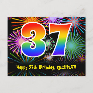 37th Birthday – Fun Fireworks Pattern + Rainbow 37 Postcard