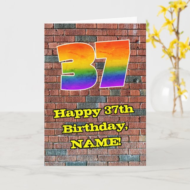 37th Birthday: Fun Graffiti-Inspired Rainbow 37 Card (Yellow Flower)
