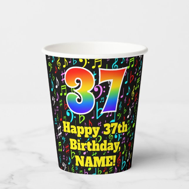 37th Birthday: Fun Music Notes Pattern, Rainbow 37 Paper Cups (Back)