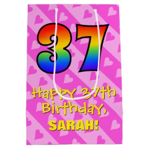 37th Birthday: Fun Pink Hearts Stripes; Rainbow 37 Medium Gift Bag
