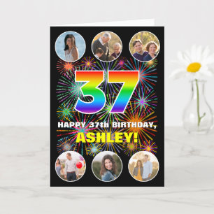 37th Birthday: Fun Rainbow #, Custom Name & Photos Card