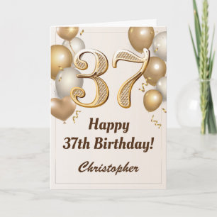 37th Birthday Gold Balloons and Confetti Birthday Card