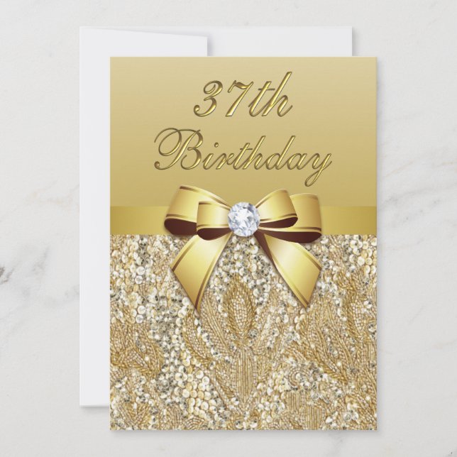 37th Birthday Gold Faux Sequins and Bow Invitation (Front)