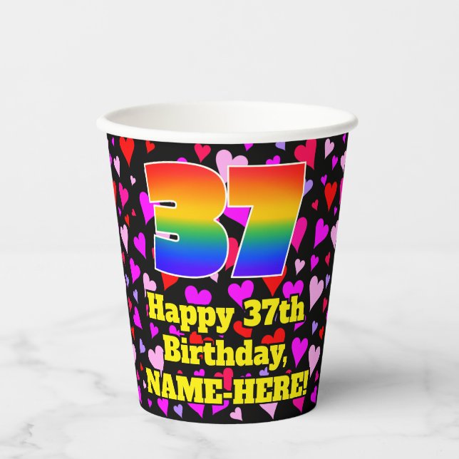 37th Birthday: Loving Hearts Pattern, Rainbow 37 Paper Cups (Front)