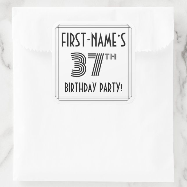 37th Birthday Party: Art Deco Style + Custom Name Square Sticker (Bag)