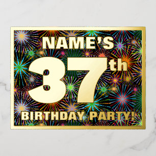 37th Birthday Party: Bold, Colourful Fireworks Loo Foil Invitation Postcard