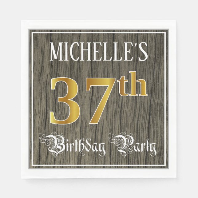 37th Birthday Party — Faux Gold & Faux Wood Looks Napkin (Front)