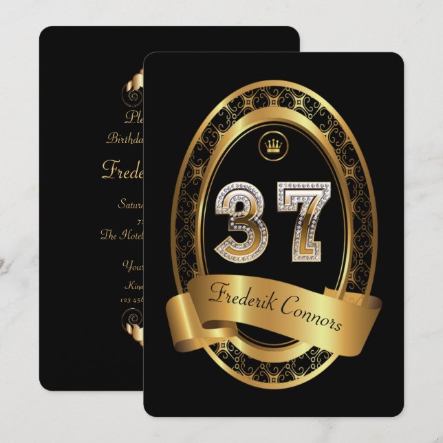 37th,birthday party woman man,elegant colour invitation (Front/Back)