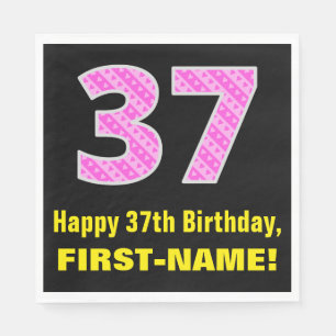 37th Birthday: Pink Stripes and Hearts "37" + Name Napkin
