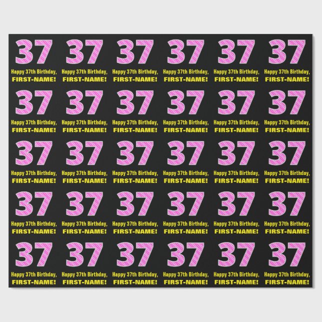 37th Birthday: Pink Stripes and Hearts "37" + Name Wrapping Paper (Flat)