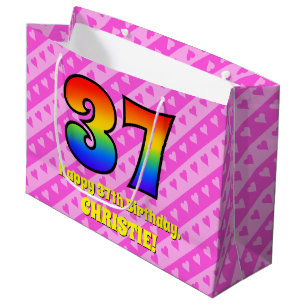 37th Birthday: Pink Stripes & Hearts, Rainbow # 37 Large Gift Bag