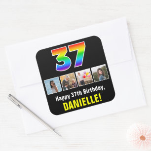 37th Birthday: Rainbow “37”; Custom Photos & Name Square Sticker