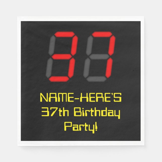 37th Birthday: Red Digital Clock Style "37" + Name Napkin (Front)