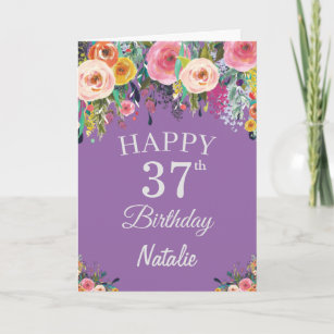 37th Birthday Watercolor Floral Flowers Purple Card
