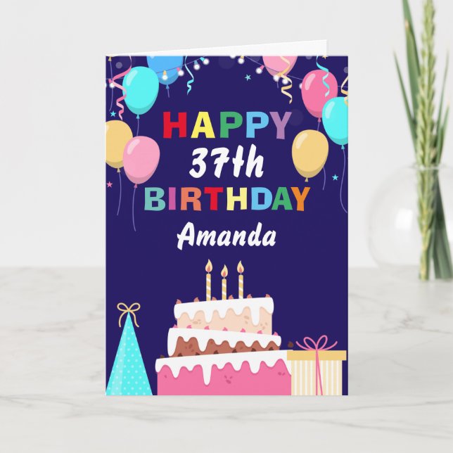 37th Happy Birthday Balloons Cake Navy Blue Card (Front)