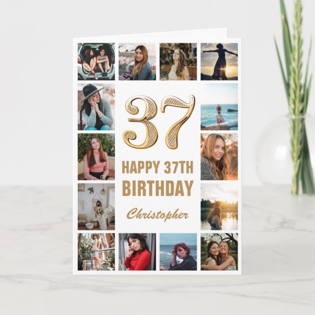 37th Happy Birthday Gold and White Photo Collage Card (Front)