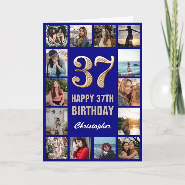 37th Happy Birthday Navy Blue & Gold Photo Collage Card (Front)