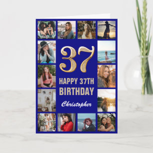 37th Happy Birthday Navy Blue & Gold Photo Collage Card