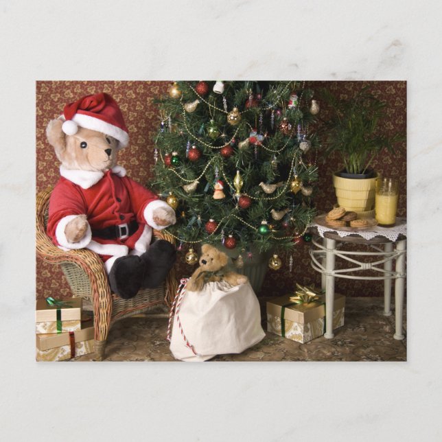 3827 Teddy Bear Santa Christmas Holiday Postcard (Front)