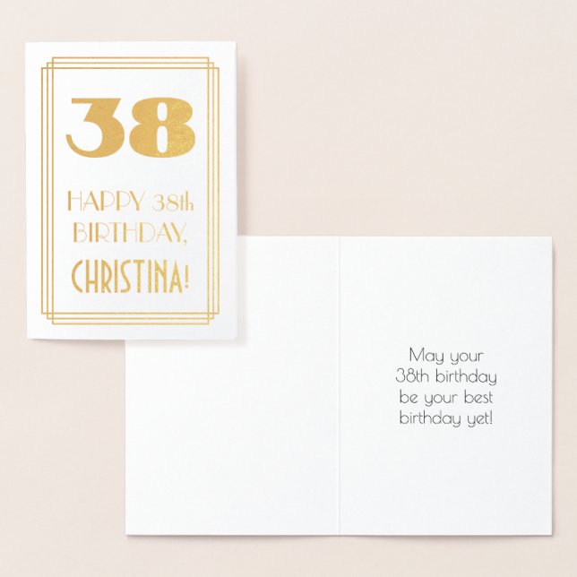 38th Birthday: Art Deco Inspired Look "38" & Name Foil Card (Display)