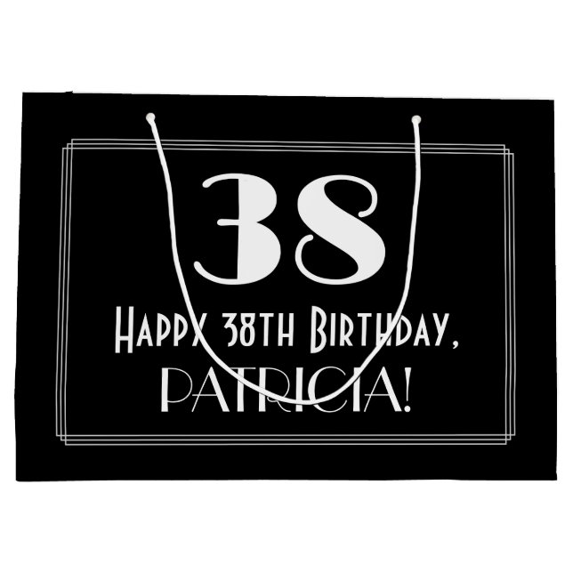 38th Birthday: Art Deco Inspired Style "38", Name Large Gift Bag (Back)