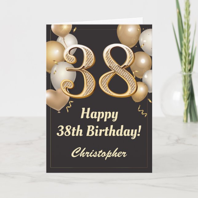 38th Birthday Black and Gold Balloons Confetti Card (Front)