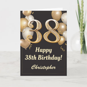 38th Birthday Black and Gold Balloons Confetti Card