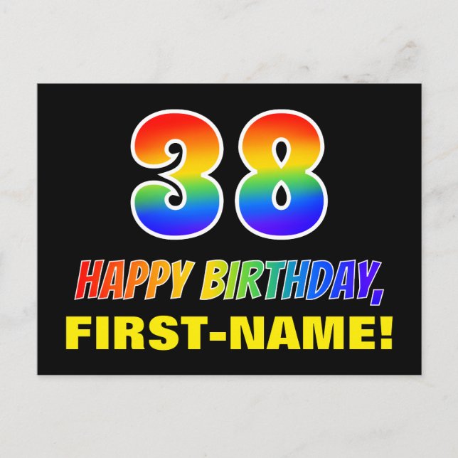 38th Birthday: Bold, Fun, Simple, Rainbow 38 Postcard (Front)