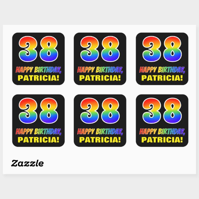 38th Birthday: Bold, Fun, Simple, Rainbow 38 Square Sticker (Sheet)