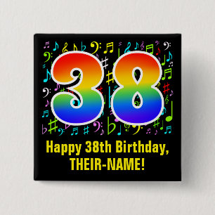 38th Birthday: Colorful Music Symbols, Rainbow 38 15 Cm Square Badge