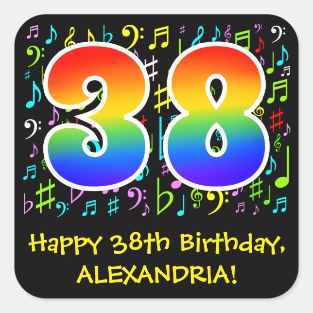 38th Birthday: Colourful Music Symbols, Rainbow 38 Square Sticker (Front)