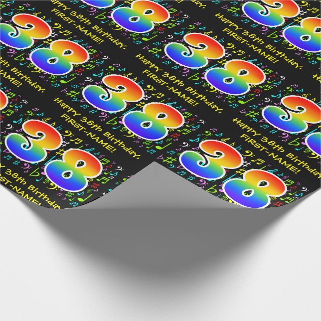 38th Birthday: Colourful Music Symbols, Rainbow 38 Wrapping Paper (Corner)