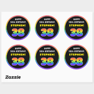 38th Birthday: Colourful Rainbow # 38, Custom Name Classic Round Sticker