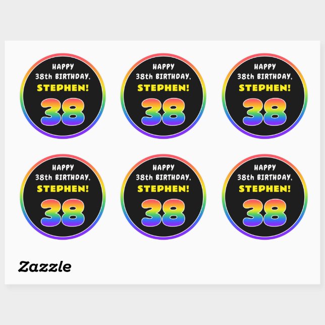 38th Birthday: Colourful Rainbow # 38, Custom Name Classic Round Sticker (Sheet)