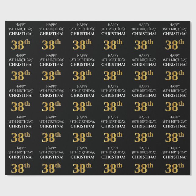 38th Birthday: Elegant, Black, Faux Gold Look Wrapping Paper (Flat)