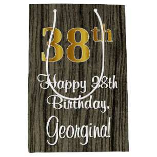 38th Birthday: Elegant Faux Gold Look #, Faux Wood Medium Gift Bag