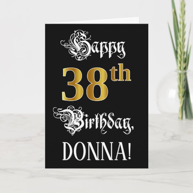 38th Birthday — Fancy Script; Faux Gold Look; Name Card (Front)