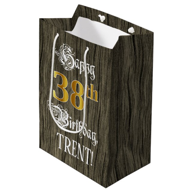 38th Birthday: Faux Gold Look & Faux Wood Pattern Medium Gift Bag (Front Angled)