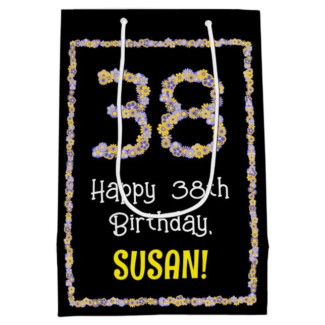 38th Birthday: Floral Flowers Number, Custom Name Medium Gift Bag (Back)