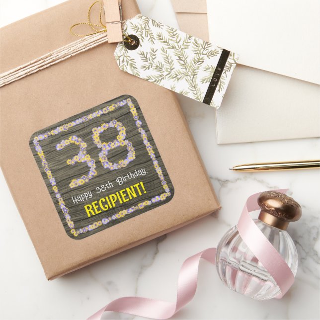 38th Birthday: Floral Number, Faux Wood Look, Name Square Sticker (Gifting)