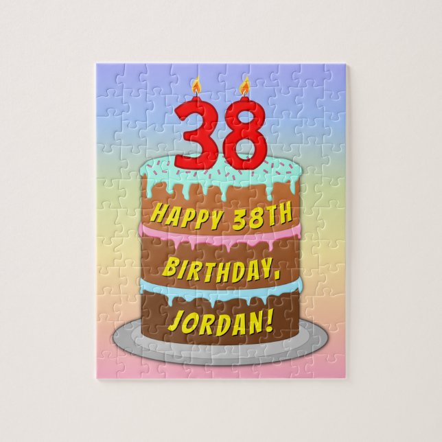 38th Birthday: Fun Cake and Candles + Custom Name Jigsaw Puzzle (Vertical)