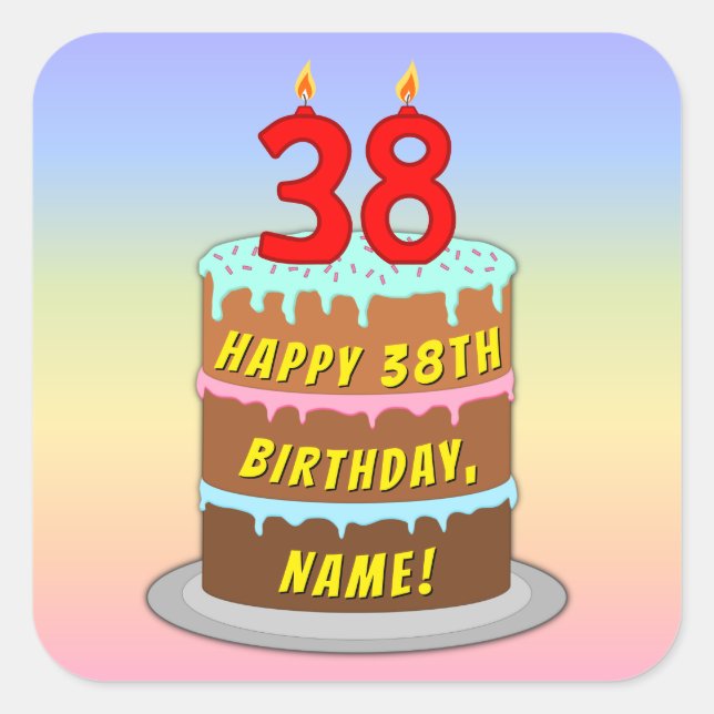 38th Birthday: Fun Cake and Candles + Custom Name Square Sticker (Front)